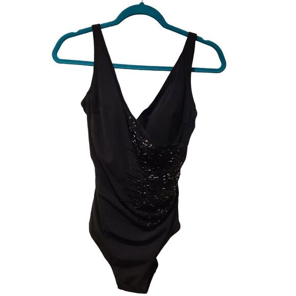 Gottex Black Beaded V-Neck Cross Over Surplice One Piece Swimsuit NOS $188 - Picture 6 of 15